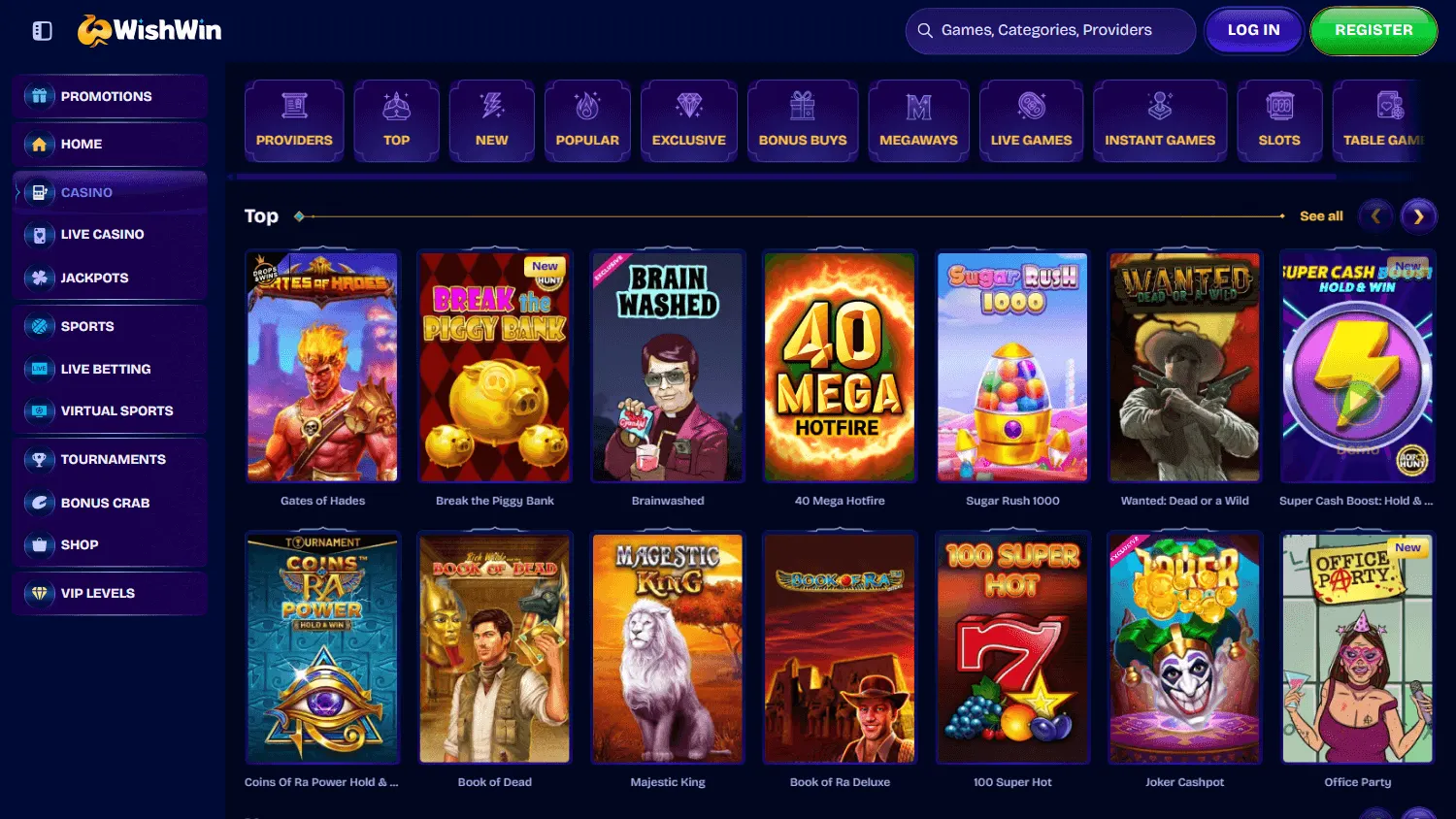 Wishwin Casino games catalogue on a desktop screen
