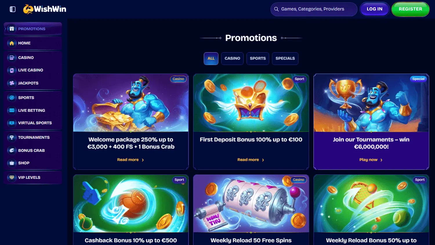 Wishwin Casino promotions area on a desktop screen